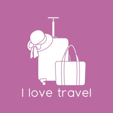 Vektör illüstrasyon çantası, güneş şapkası, arka planda izole edilmiş plaj çantası. Seyahat etmeyi severim. Yaz tatili, tatil, tatil. Seyahat acentesi kavramı. Web sayfası için dizayn, yazdırma