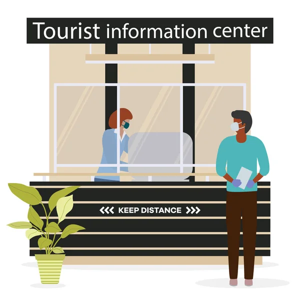 Vektorová Ilustrace Opětovné Otevření Návštěvnického Centra Koronaviru Specialista Turistické Informační — Stockový vektor