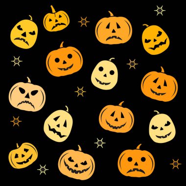 Cadılar Bayramı Parti Vektörü illüstrasyonu Jack O 'Lantern. Şirin, ürkütücü, gülümseyen turuncu balkabağı. Cadılar Bayramı çizgi film setiniz kutlu olsun. Parti kartı ve yazdırma için şenlikli arka plan tasarımını düzenle ya da tedavi et