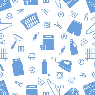 Vektör desensiz tasvir, kuru temizleme, çamaşır, temizlik hizmetleri. Ev aletleri. Elbise yıkama, çamaşır yıkama. Çamaşır servisi ekipmanları. İşleri normal işlemde yeniden başlat