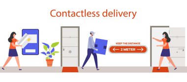 Vektör illüstrasyonu Temassız Teslimat İnsanları. Coronavirus COVID-19 Karantina. Kurye ve müşteri Çin virüsü 2019-nCoV koruma ve enfeksiyon önleme siparişi verirken güvenli mesafeyi koruyorlar.