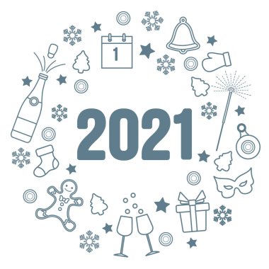 Mutlu yıllar 2021 Mutlu noel vekil ilüstrasyonları çan, Noel ağacı, şişe, zencefilli ekmek adam, gözlük, eldiven, maske, Noel çorabı, kar taneleri kış tatili baskısı için tasarım