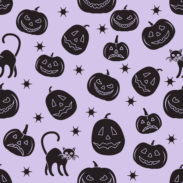 Halloween Party Sem Costura Padrão Ilustração Vetorial Jack Lantern Gato — Vetor de Stock
