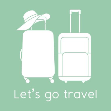 Vektör illüstrasyon valizleri, arka planda izole edilmiş güneş şapkası. Seyahate çıkalım. Yaz tatili, tatil, tatil. Seyahat acentesi, rezervasyon servisi. Web sayfası için dizayn, yazdırma