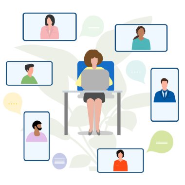 Vektör illüstrasyon İnsanlar Uzaktan çalışma. Cihazlar üzerinde çalış. Karantina COVID-19. Çevrimiçi toplu tartışma için video konferansı. Webinar Sunum İş Danışmanlığı, Sanal Toplantı Konsepti