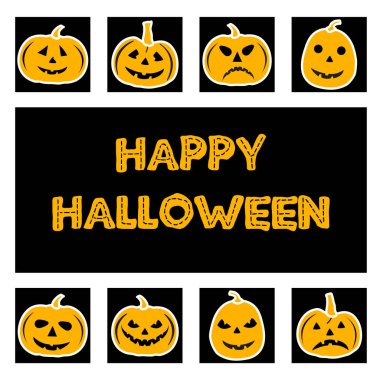 Cadılar Bayramı Parti Vektörü illüstrasyonu Jack O 'Lantern. Şirin, ürkütücü, gülümseyen turuncu balkabağı. Cadılar Bayramı çizgi film setiniz kutlu olsun. Parti kartı ve yazdırma için şenlikli arka plan tasarımını düzenle ya da tedavi et