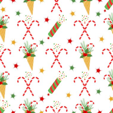 Mutlu yıllar. Mutlu Noeller. Dondurma külahlı, şeker kamışlı, Noel ağacı dallı, ökseotlu, havai fişekli kusursuz vektör illüstrasyonu. Paket kağıdı, kumaş, baskı için tasarım