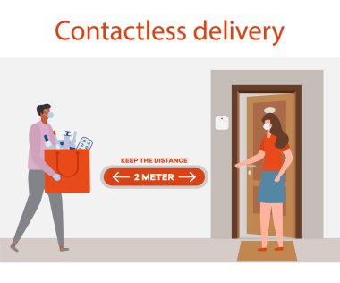 Vektör illüstrasyonu Temassız Teslimat İnsanları. Coronavirus COVID-19 Karantina. Kurye ve müşteri Çin virüsü 2019-nCoV koruma ve enfeksiyon önleme siparişi verirken güvenli mesafeyi koruyorlar.