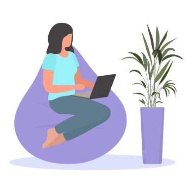 Vektör illüstrasyon Uzaktan Çalışan Kız çalışır, sohbet eder, oynar, dizüstü bilgisayarda film izler. Coronavirus Karantina COVID-19 Eğlence Serbest Çalışmalar Konsepti. Web için tasarım, yazdırma