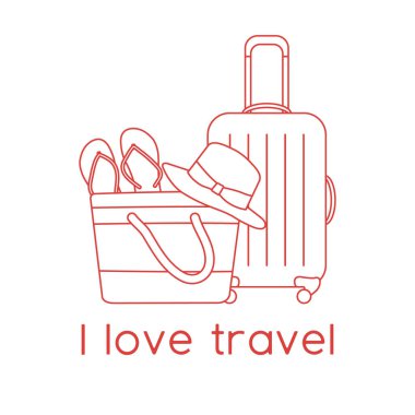 Vektör illüstrasyon çantası, güneş şapkası, plaj çantası, beyaz arka planda izole edilmiş parmak arası terlikler. Seyahat etmeyi severim. Yaz tatili, tatil, tatil. Seyahat acentesi kavramı. Web sayfası için dizayn, yazdırma