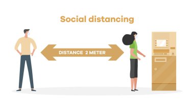 Vektör çizimi. Mesafeyi koru. Sosyal uzaklık. Çin koronavirüsü COVID-19 Koruyucu maskeli insanlar birbirlerinden uzak durarak salgın riskini ve önleme tedbirlerini azaltıyor.