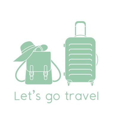 Vektör illüstrasyon çantası, güneş şapkası, beyaz arka planda izole edilmiş sırt çantası. Seyahate çıkalım. Yaz tatili, tatil, tatil. Seyahat acentesi kavramı. Web sayfası için dizayn, yazdırma