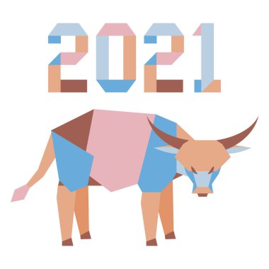 Origami 2021 yılı rakamları ve saçmalıklarıyla yeni yıl vektör illüstrasyonun kutlu olsun. Çin takviminde 2021 'in sembolü olan yıllık boğa burcu. Öküz yılı. Çin burcu. Yazdırma için tasarım