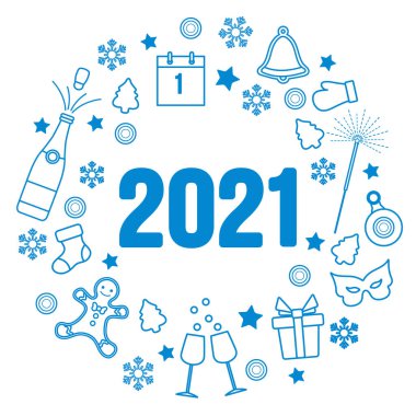 Mutlu yıllar 2021 Mutlu noel vekil ilüstrasyonları çan, Noel ağacı, şişe, zencefilli ekmek adam, gözlük, eldiven, maske, Noel çorabı, kar taneleri kış tatili baskısı için tasarım