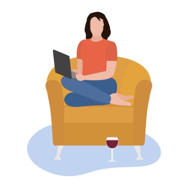 Vektör illüstrasyon Uzaktan Çalışan Kız çalışır, sohbet eder, oynar, dizüstü bilgisayarda film izler. Coronavirus Karantina COVID-19 Eğlence Serbest Çalışmalar Konsepti. Web için tasarım, yazdırma