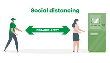 Vektör çizimi. Mesafeyi koru. Sosyal uzaklık. Çin koronavirüsü COVID-19 Koruyucu maskeli insanlar birbirlerinden uzak durarak salgın riskini ve önleme tedbirlerini azaltıyor.