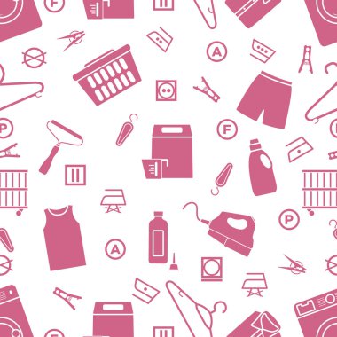 Vektör desensiz tasvir, kuru temizleme, çamaşır, temizlik hizmetleri. Ev aletleri. Elbise yıkama, çamaşır yıkama. Çamaşır servisi ekipmanları. İşleri normal işlemde yeniden başlat