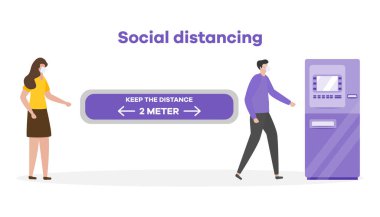 Vektör çizimi. Mesafeyi koru. Sosyal uzaklık. Çin koronavirüsü COVID-19 Koruyucu maskeli insanlar birbirlerinden uzak durarak salgın riskini ve önleme tedbirlerini azaltıyor.