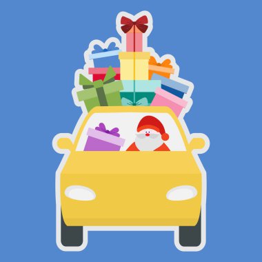 Mutlu yıllar 2021, Mutlu Noeller. Noel Baba 'nın araba sürüşü, hediyeler. Hediye teslimatı. Şenlik arka planı. Tebrik kartı, etiket, poster veya yazdırma için tasarım.