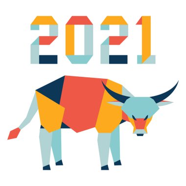 Origami 2021 yılı rakamları ve saçmalıklarıyla yeni yıl vektör illüstrasyonun kutlu olsun. Çin takviminde 2021 'in sembolü olan yıllık boğa burcu. Öküz yılı. Çin burcu. Yazdırma için tasarım