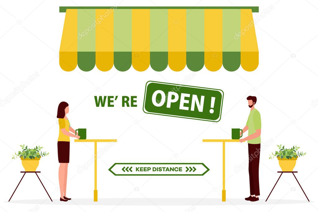 Vector illustration Reopening of cafe, restaurant after COVID-19 quarantine, coronavirus pandemic. Sign We're open. Keep distance. Social distancing. Reducing risk of infection, prevention measures