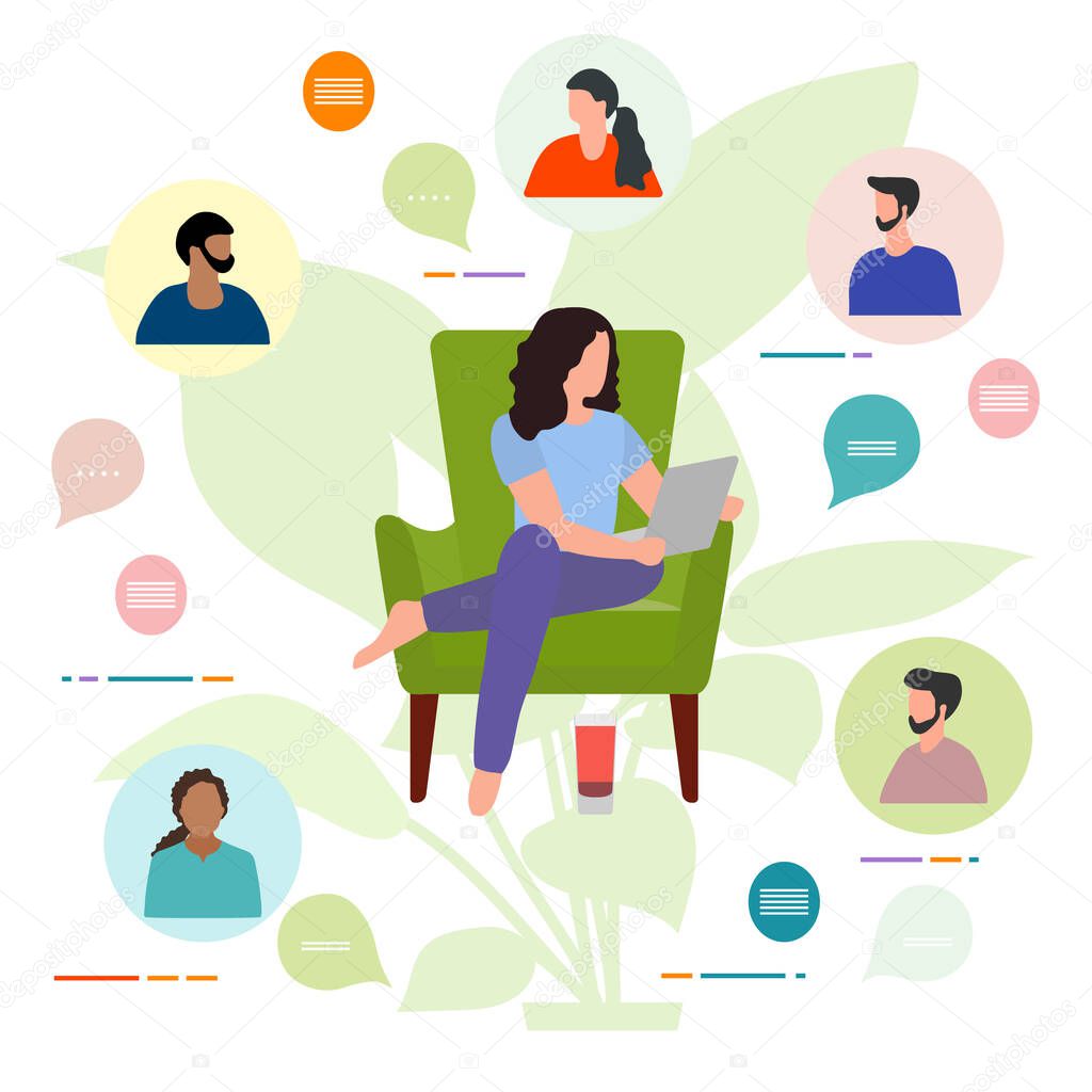 Vector illustration People Remote work. Work chat on devices. Quarantine COVID-19. Video conference for collective discussion online. Webinar Presentation Business consulting,  virtual meeting concept