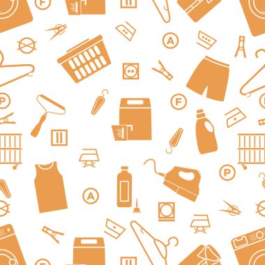 Vektör desensiz tasvir, kuru temizleme, çamaşır, temizlik hizmetleri. Ev aletleri. Elbise yıkama, çamaşır yıkama. Çamaşır servisi ekipmanları. İşleri normal işlemde yeniden başlat