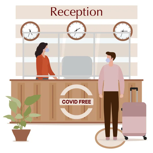 Ilustrație Vectorială Redeschiderea Lobby Ului Pensiunii Hotel După Carantina Covid — Vector de stoc