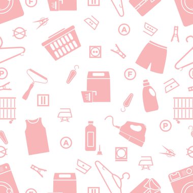 Vektör desensiz tasvir, kuru temizleme, çamaşır, temizlik hizmetleri. Ev aletleri. Elbise yıkama, çamaşır yıkama. Çamaşır servisi ekipmanları. İşleri normal işlemde yeniden başlat