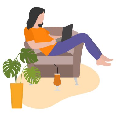 Vektör illüstrasyon Uzaktan Çalışan Kız çalışır, sohbet eder, oynar, dizüstü bilgisayarda film izler. Coronavirus Karantina COVID-19 Eğlence Serbest Çalışmalar Konsepti. Web için tasarım, yazdırma