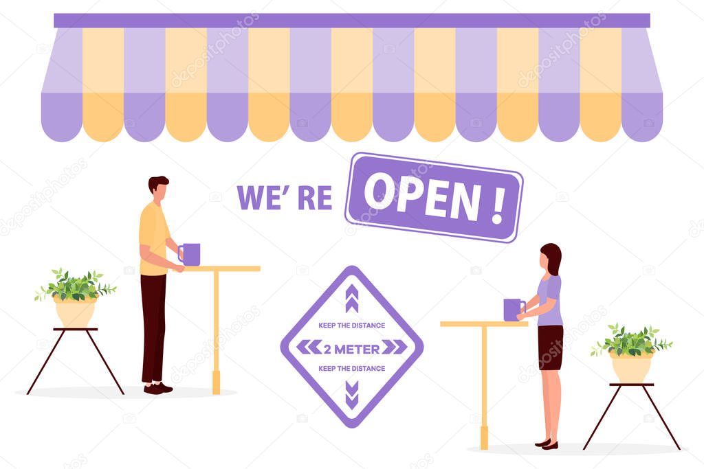 Vector illustration Reopening of cafe, restaurant after COVID-19 quarantine, coronavirus pandemic. Sign We're open. Keep distance. Social distancing. Reducing risk of infection, prevention measures