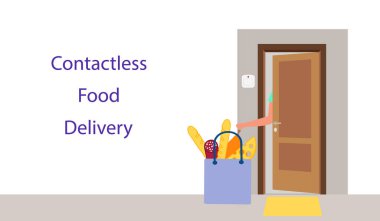 Vektör illüstrasyonu Temassız teslimat. Yemek poşeti evin girişine bırakılmış. Coronavirus COVID-19 karantina emri transferi. Virüs 2019-nCoV koruması, enfeksiyon önleme. Salgını Kontrol Et