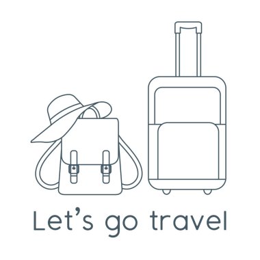 Vektör illüstrasyon çantası, güneş şapkası, beyaz arka planda izole edilmiş sırt çantası. Seyahate çıkalım. Yaz tatili, tatil, tatil. Seyahat acentesi kavramı. Web sayfası için dizayn, yazdırma