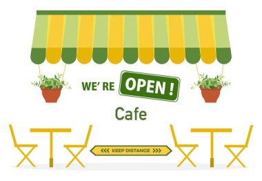 Kafe 'nin yeniden açılması, COVID-19 karantinasından sonra restoran, koronavirüs salgını. Açık olduğumuzu belirt. Mesafeyi koru Sosyal uzaklık. Enfeksiyon riskinin azaltılması, önleme tedbirleri