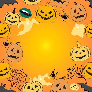 Mutlu Cadılar Bayramı Tatil Partisi kusursuz desenli Vektör çizimi Jack O 'Lantern balkabağı, yarasa, örümcek ağı, vampir ağzı, hayalet, kafatası. Metin için boş alan. Şenlik arka planını düzenle ya da tedavi et