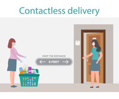 Vektör illüstrasyonu Temassız Teslimat İnsanları. Coronavirus COVID-19 Karantina. Kurye ve müşteri Çin virüsü 2019-nCoV koruma ve enfeksiyon önleme siparişi verirken güvenli mesafeyi koruyorlar.