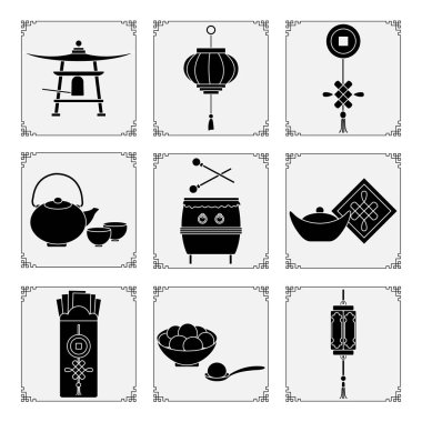 Çin Yeni Yıl sembolleri 2021 Vektör illüstrasyonu Çin feneri, davul, çan, ingot, tatlı pirinç topları tangyuam, bozuk para, çaydanlık ve fincanlar, para dolu zarf. Çin 'de Tatil Gelenekleri