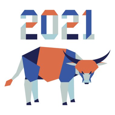 Origami 2021 yılı rakamları ve saçmalıklarıyla yeni yıl vektör illüstrasyonun kutlu olsun. Çin takviminde 2021 'in sembolü olan yıllık boğa burcu. Öküz yılı. Çin burcu. Yazdırma için tasarım