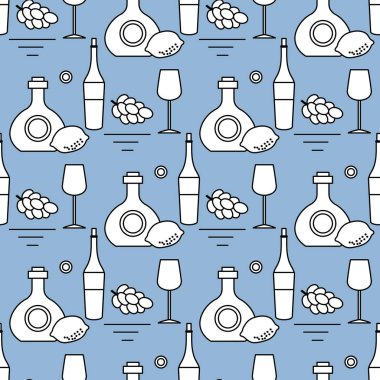 Kusursuz desenli vektör illüstrasyon şişeleri alkollü içecek, üzüm, limon, şarap kadehi. İçki dükkanı, alkol pazarı konsepti Barmen şarabı, konyak, likör, menü için konyak tasarımı, baskı