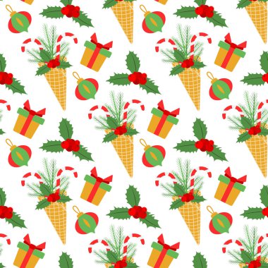 Yeni yılınız kutlu olsun. Mutlu Noeller. Dondurma külahlı, şeker kamışlı, Noel ağacı dallı, ökseotlu, kusursuz Noel Vektörü illüstrasyonu. Paket kağıdı, kumaş, baskı için tasarım