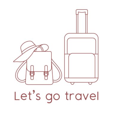 Vektör illüstrasyon çantası, güneş şapkası, beyaz arka planda izole edilmiş sırt çantası. Seyahate çıkalım. Yaz tatili, tatil, tatil. Seyahat acentesi kavramı. Web sayfası için dizayn, yazdırma