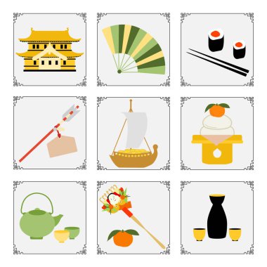 Japon Yeni Yıl Şatosu 'nun sembolleri, yelpaze, rulo, çubuk, mandalina, ok, yemek, tırmık, çaydanlık, fincanlar, hazine gemisi, sake seti. Japonya 'da yeni yıl gelenekleri. Yazdırma için tasarım