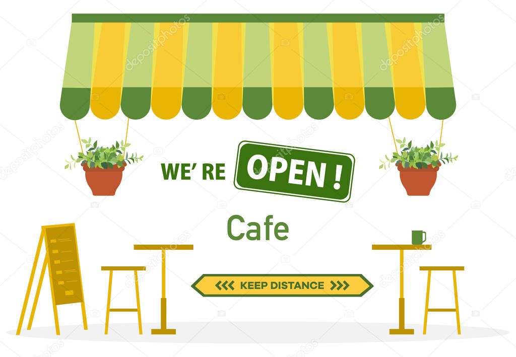 Vector illustration Reopening of cafe, restaurant after COVID-19 quarantine, coronavirus pandemic. Sign We're open. Keep distance. Social distancing. Reducing risk of infection, prevention measures