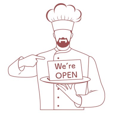 Kafe 'nin yeniden açılması, COVID-19 karantinasından sonra restoran, koronavirüs salgını. Şef Cook 'un tabelasıyla açığız. Müşterileri karşılamak, açılış hakkında bilgi vermek. Web için tasarım, yazdırma