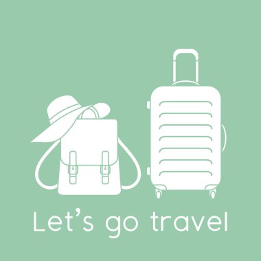 Vektör illüstrasyon çantası, güneş şapkası, arka planda izole edilmiş sırt çantası. Seyahate çıkalım. Yaz tatili, tatil, tatil. Seyahat acentesi kavramı. Web sayfası için dizayn, yazdırma