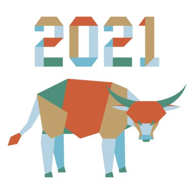 Origami 2021 yılı rakamları ve saçmalıklarıyla yeni yıl vektör illüstrasyonun kutlu olsun. Çin takviminde 2021 'in sembolü olan yıllık boğa burcu. Öküz yılı. Çin burcu. Yazdırma için tasarım