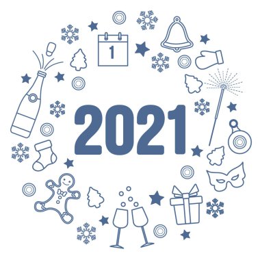 Mutlu yıllar 2021 Mutlu noel vekil ilüstrasyonları çan, Noel ağacı, şişe, zencefilli ekmek adam, gözlük, eldiven, maske, Noel çorabı, kar taneleri kış tatili baskısı için tasarım