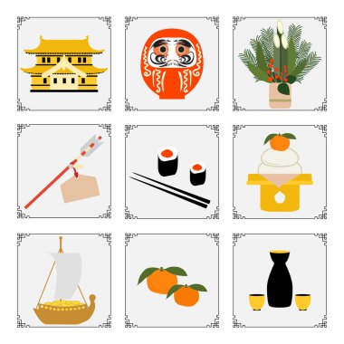 Japonya 'da yeni yıl şatosu, daruma, mandalina, sake seti, ok, yemek, hazine gemisi, yemek çubukları, çam bambu süslemeleri Japonya' da yeni yıl arifesi gelenekleri.