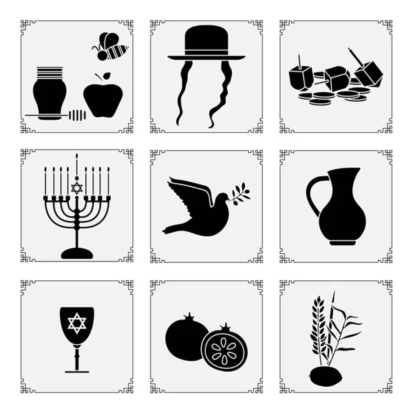 Ilustração Vetor Feriado Judaico Símbolos Tradicionais Mel Maçã Abelha Passos —  Vetores de Stock