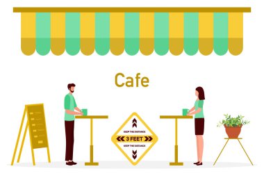 Kafe 'nin yeniden açılması, COVID-19 karantinasından sonra restoran, koronavirüs salgını. Ziyaretçiler arasındaki mesafeyi korumak. Sosyal uzaklık. Enfeksiyon riskinin azaltılması, önleme tedbirleri
